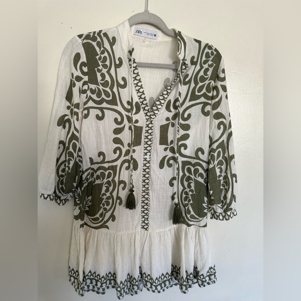 Zara Ecru & Khaki Rustic Printed Mini Dress Size XS - Picture 2 of 10